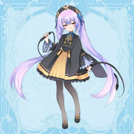masterpiece, best quality, ultra-detailed, highest quality, official art, absurdres, latest, very awa, very aesthetic, detailed shading, (detailed background, complex background), amazing quality, intricate, hyper-detailed, excellent, latest,<<lora:Dong_Bai:1>, Dong Bai, red eyes, lavender hair, very long hair, black hat beret, twintails, blue hair flower, hair ornament, black capelet, black chinese clothes, skirt, pantyhose, shoes, full body , smug, holding whip, chinese background