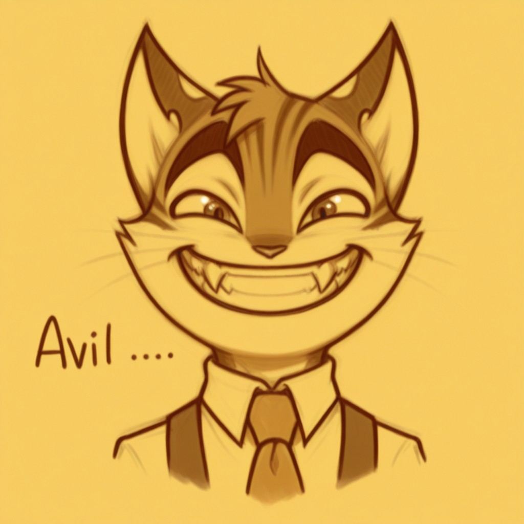 incredible quality, shiny skin, high quality, highres, rocky rickaby, furry, furry male, cat, solo, sketch, monochrome, 1boy, male focus, smile, traditional media, grin, teeth, english text, furry male, furry, necktie, looking at viewer, fangs, evil smile, grin, wide open eyes