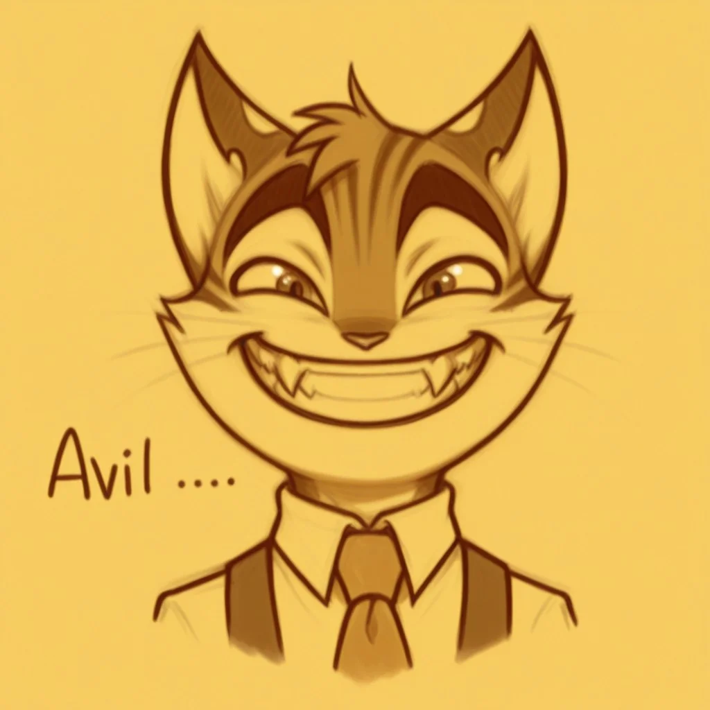 incredible quality, shiny skin, high quality, highres, rocky rickaby, furry, furry male, cat, solo, sketch, monochrome, 1boy, male focus, smile, traditional media, grin, teeth, english text, furry male, furry, necktie, looking at viewer, fangs, evil smile, grin, wide open eyes