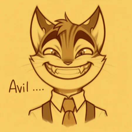 incredible quality, shiny skin, high quality, highres, rocky rickaby, furry, furry male, cat, solo, sketch, monochrome, 1boy, male focus, smile, traditional media, grin, teeth, english text, furry male, furry, necktie, looking at viewer, fangs, evil smile, grin, wide open eyes