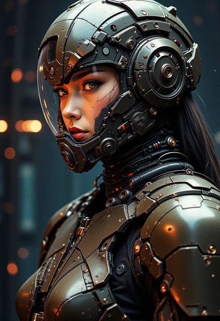 magnificent, dark background, a captivating asian female bounty hunter in battered power armour, wearing a helmet with a clear visor and chin-guard, dark cyberpunk abstract background, bokeh