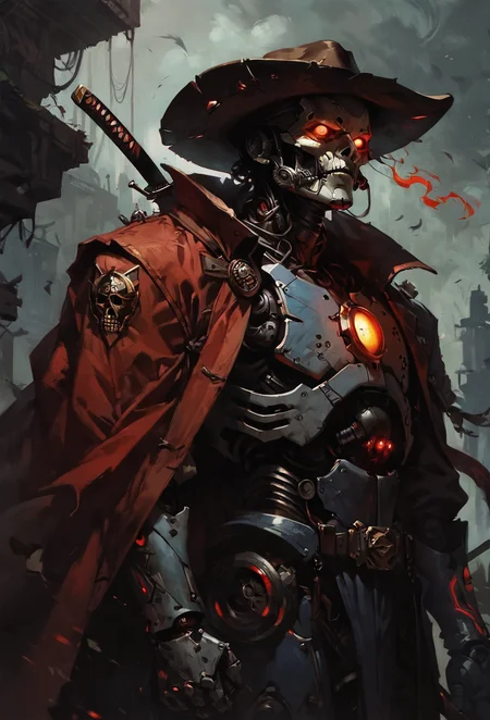 score_9, score_8_up, score_7_up, score_6_up, score_5_up, score_4_up, realistic, concept art , 1man, solo, post apocalypse outfit, red cape blowing in the wind, cowboy hat, robot arm, trench coat, mechanical mask, glowing chest, glowing eyes, holding katana,