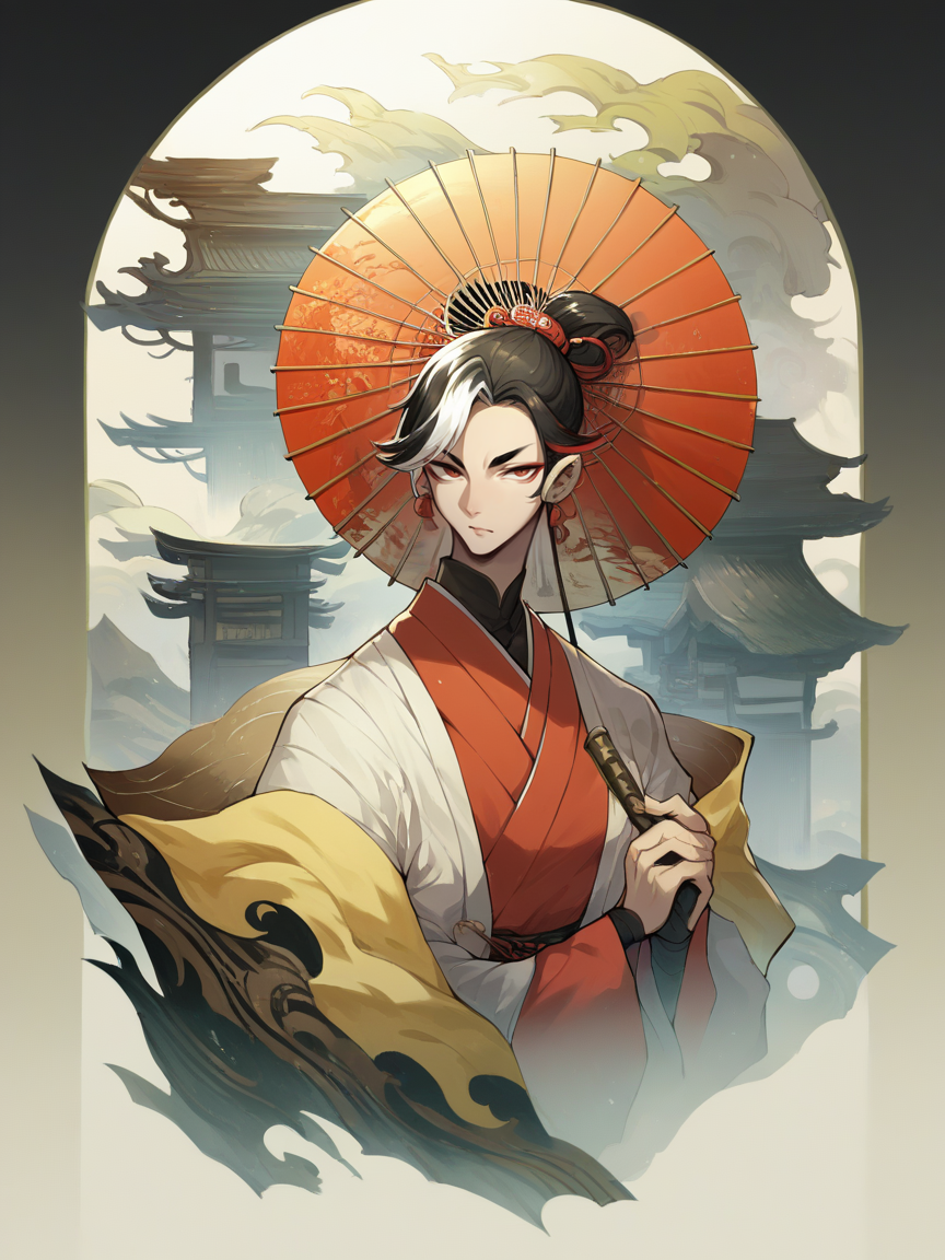 score_9, score_8_up, score_7_up, score_6_up, score_5_up,   <lora:kuriXLP:1> kuri,  east asian architecture,1girl, oil-paper umbrella, multicolored hair, solo