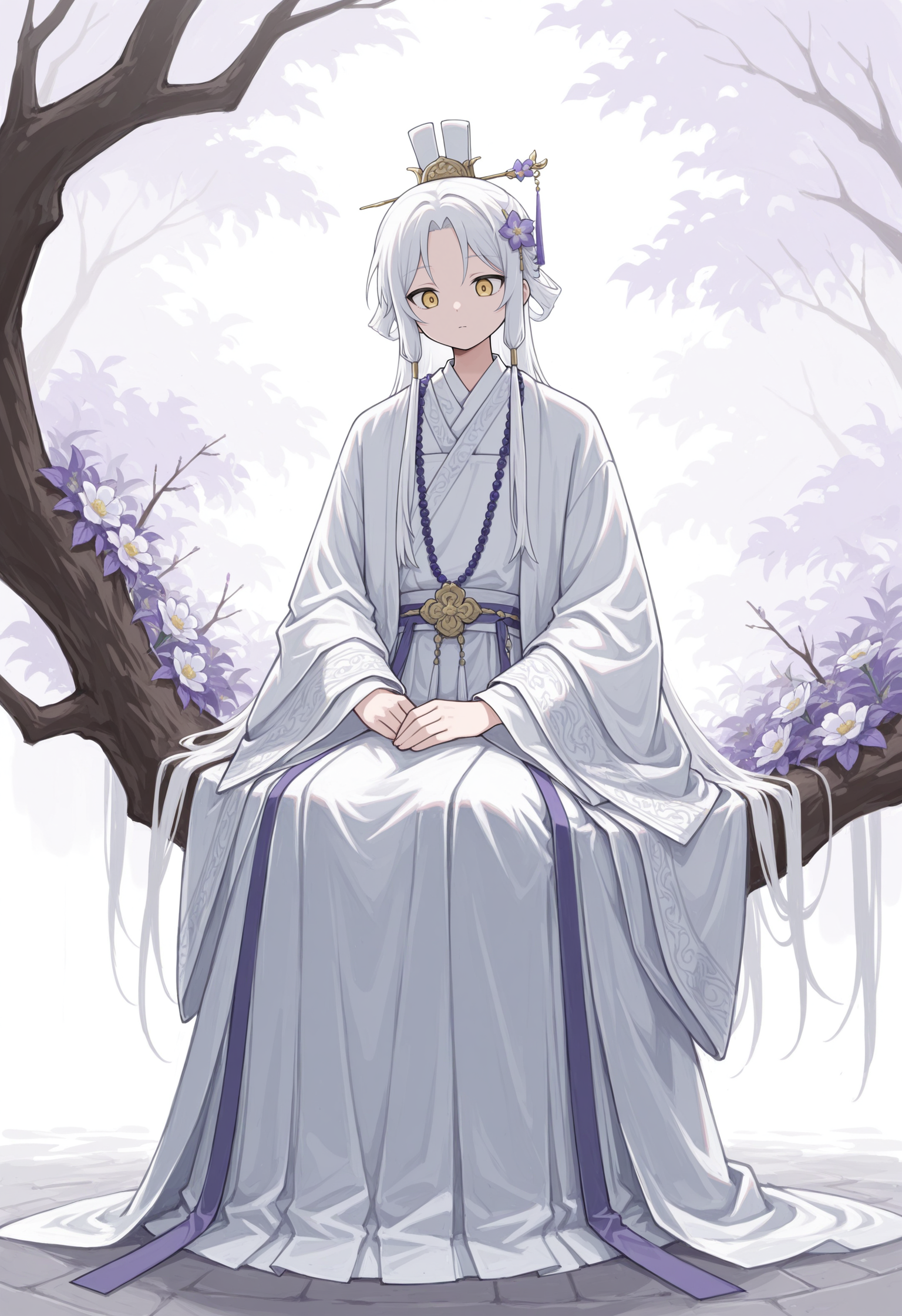 (masterpiece), (best quality), (ultra-detailed), amazing quality, very aesthetic, illustration, newest, colorful, <lora:odayaka_style:1>, odayaka-ill,
1boy, abstract, beads, branch, chinese clothes, closed mouth, flower, full body, hair ornament, hanfu, layered sleeves, long hair, long sidelocks, long sleeves, looking down, male focus, outdoors, parted bangs, prayer beads, purple flower,  side part, sidelocks, sitting, solo, white flower, white hair, white hanfu, white sleeves, yellow eyes