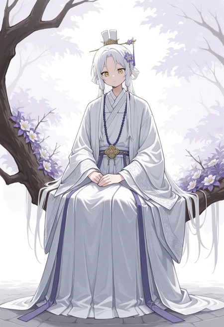 (masterpiece), (best quality), (ultra-detailed), amazing quality, very aesthetic, illustration, newest, colorful, <lora:odayaka_style:1>, odayaka-ill,
1boy, abstract, beads, branch, chinese clothes, closed mouth, flower, full body, hair ornament, hanfu, layered sleeves, long hair, long sidelocks, long sleeves, looking down, male focus, outdoors, parted bangs, prayer beads, purple flower, side part, sidelocks, sitting, solo, white flower, white hair, white hanfu, white sleeves, yellow eyes
