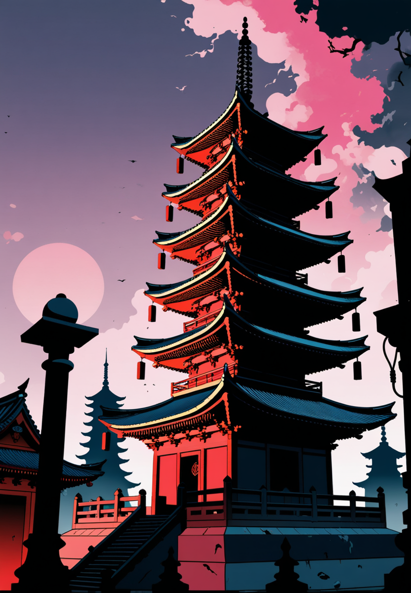 (epic:1.2), trending on artstation, (high quality:1.2), (masterpiece:1.2), high details, incredibly absurdres, colorful), (Manga Style:1.29), (Mike Mignola Art:1.27), (Vector Style, Sharp Edges:1.16), Gothic Art:1.33), (Synthwave Style:1.33), (Abstract Exprssionism:1.25), (Point-of-view shot:1.31) (comp_bottom:1.19) ,, (object: (,mug:1.31))  , , (location:(pagoda:1.12))