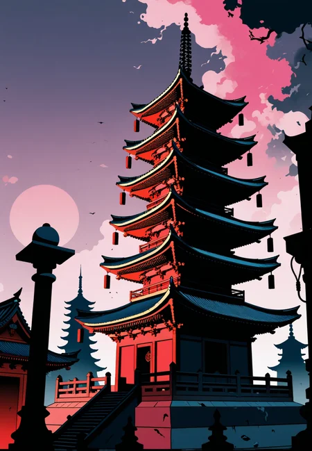 (epic:1.2), trending on artstation, (high quality:1.2), (masterpiece:1.2), high details, incredibly absurdres, colorful), (Manga Style:1.29), (Mike Mignola Art:1.27), (Vector Style, Sharp Edges:1.16), Gothic Art:1.33), (Synthwave Style:1.33), (Abstract Exprssionism:1.25), (Point-of-view shot:1.31) (comp_bottom:1.19) ,, (object: (,mug:1.31)) , , (location:(pagoda:1.12))