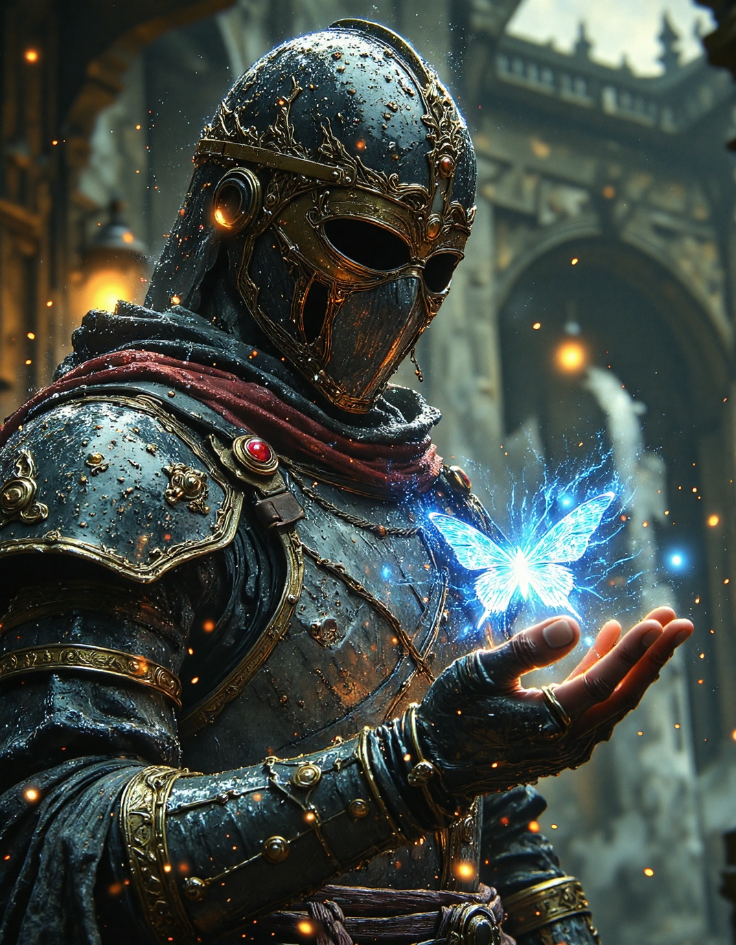 moody digital painting in a dark fantasy style, heavily emphasizing atmospheric rain. Picture a knight in full plate armor, helmet obscuring their face, standing in a rain-soaked environment. The knight's armor is dark metal and appears to be weathered and wet. They are holding out a hand, and resting on their fingertips is a glowing, bright blue butterfly. The background is blurred but suggests dark, rocky cliffs and more rain falling. The scene is lit softly, with the butterfly being the primary light source, contrasting against the dark, rainy setting. The overall mood is melancholic yet hopeful, with a strong focus on the contrast between the knightâs harshness and the butterflyâs fragility, <lora:Vibrantly_Dark_style_v.1:0.5>, <lora:anhei_first_flux_lora_v1:0.4>, <lora:FantasyWizardWitchesFluxV2-000001:0.8>, <lora:aidmaMJ6.1_v0.5_3:0.6>