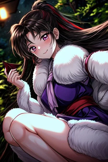masterpiece, best quality 1girl Setsun4 solo long hair, (night time) forest background black hair very long hair purple eyes multicolored hair armor (fur trim) (medium body),<lora:EMS-179-EMS:0.800000>,<lora:EMS-293862-EMS:0.800000> bow, hair_bow, hair_tubes, red_bow, brown_hair, long_hair, bangs, sidelocks, ascot, brown_eyes, frilled_bow, yellow_ascot, blush, smile, hair_between_eyes