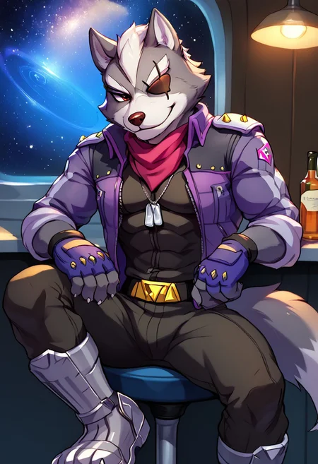 score_9, score_8_up, score_7_up, muscles, Masterpiece, Best Quality, sz4d3k, Expressiveh, detailed eyes, anthro, furry male, furry, DILF, toned male, adult, mature male, broad shoulders, stubble, muscular, dim lighting,
Wolf O'Donnell, Red Eye, wolf boy, wolf, Wolf O'Donnell, Red Eye, Right Eyepatch, Pink Kerchief, Purple Sleeveless Jacket, Black Bodysuit, Purple Fingerless Gloves, Metal Boots, Gold Buckle
Fox mccloud,
inside, space, bar, starfox, grey fur, smile, random view, random angle, anthro only, furry only, dominant, domination, dominating, big dom small sub, dynamic characters, 1male, solo, solo male,military tag, dog tag,
bar stools, sitting, chatting, talking, 1boy, 1male,