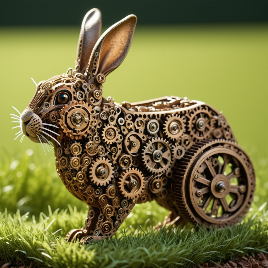 embedding:lazypos, A rabbit made of roast gears hopping through a meadow of spring-loaded grass, ears flicking with tiny gears inside, playful design <lora:gearstyle-000001:1.0000000000000002> <lora:TrendCraft_The_Peoples_Style_Detailer-v1.0A-3_13_2025-illustrious:0.8000000000000002>