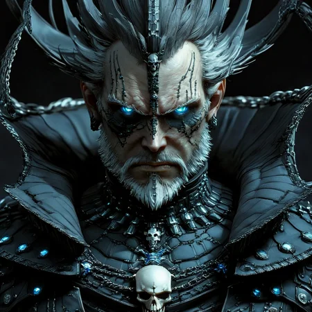 <lora:Eldritch_Sci-FiSDXL:1> ArsMJStyle, Eldritch Sci-Fi, The image shows an animated man wearing a black costume with a skull on his chest set against a dark background. He appears to be a character from the game Dark Souls III: The Ringed City., 1boy, male focus, solo, facial hair, armor, beard, glowing, blue eyes, glowing eyes, looking at viewer