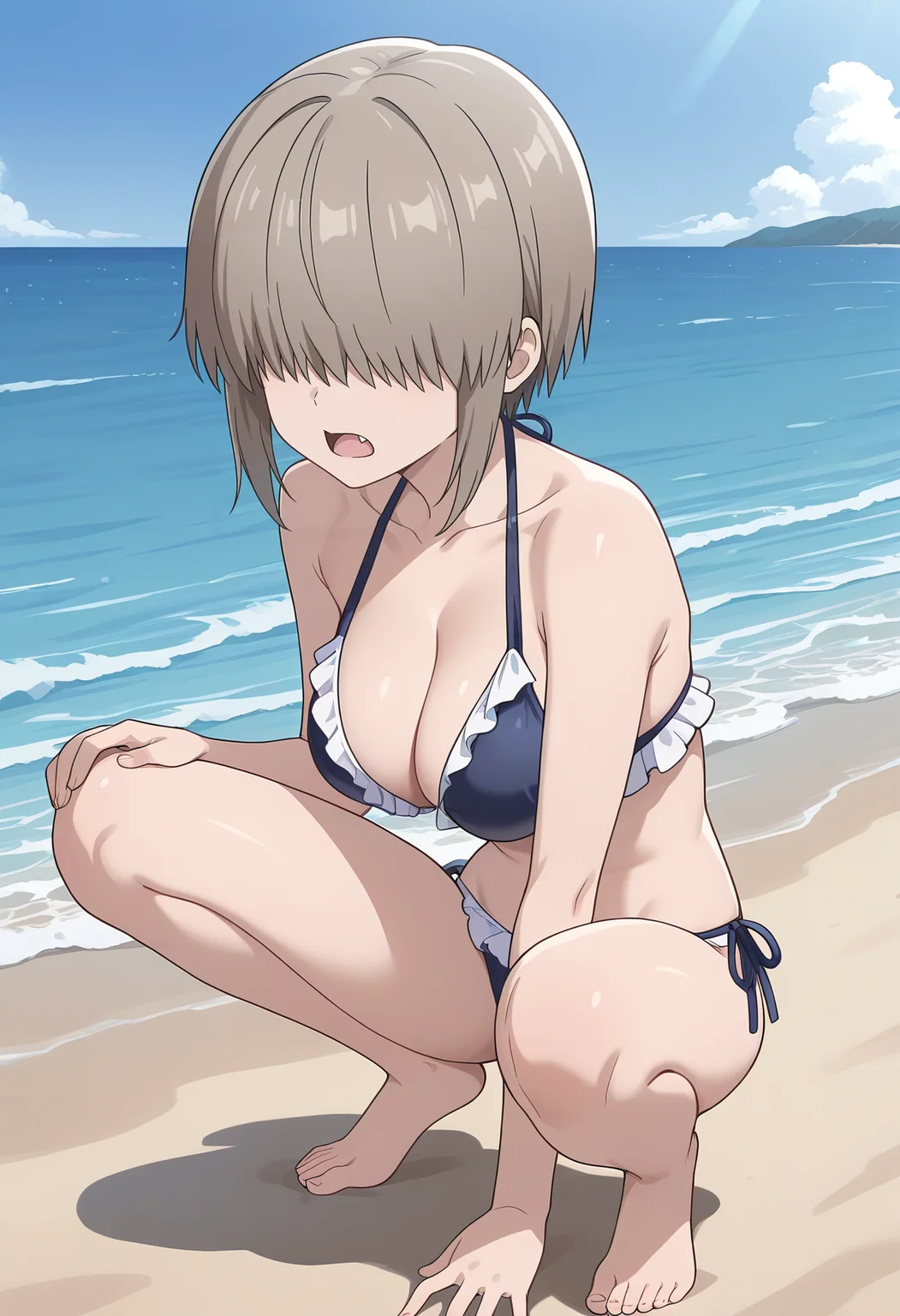 Smooth Quality,masterpiece,beautiful aesthetic, very intricate, high quality details, ultra realistic, high detailed skin,
blue sky, beach, ocean,
front view,crouching, one hand on ground, other on knee, intense gaze, balanced stance, ,panicking,skinny,
side-tie bikini bottom.
<lora:Uzaki_Yanagicnn:0.7> usakiyanagi/cnn, 1girl, short hair, hair over eyes, brown hair, long bangs, fang,large breasts,skinny, petite, frilled bikini,