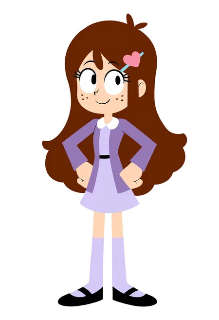 BREAK, (best quality), (ultra-detailed), (masterpiece), (perfect anatomy), best quality, Masterpiece, Best Quality, solo, good hands, kukiqt, 1girl, brown hair, freckles, heart ornament, hairclip, purple dress, purple jacket, purple kneehighs, mary janes, hands on hips, bedroom eyes, smile, heart, loving, simple background, upper body, safe