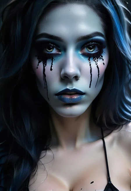 concept art, realistic, dark theme, low light. 1girl, solo, 18 years old.
Gorgeous sexy female. Beautiful feminine face, Long  hair. ((TearsMakeUp)).
((Colored skin)), ((Blue skin:1.8)), 
(Big breast), (Round breast:1.2).