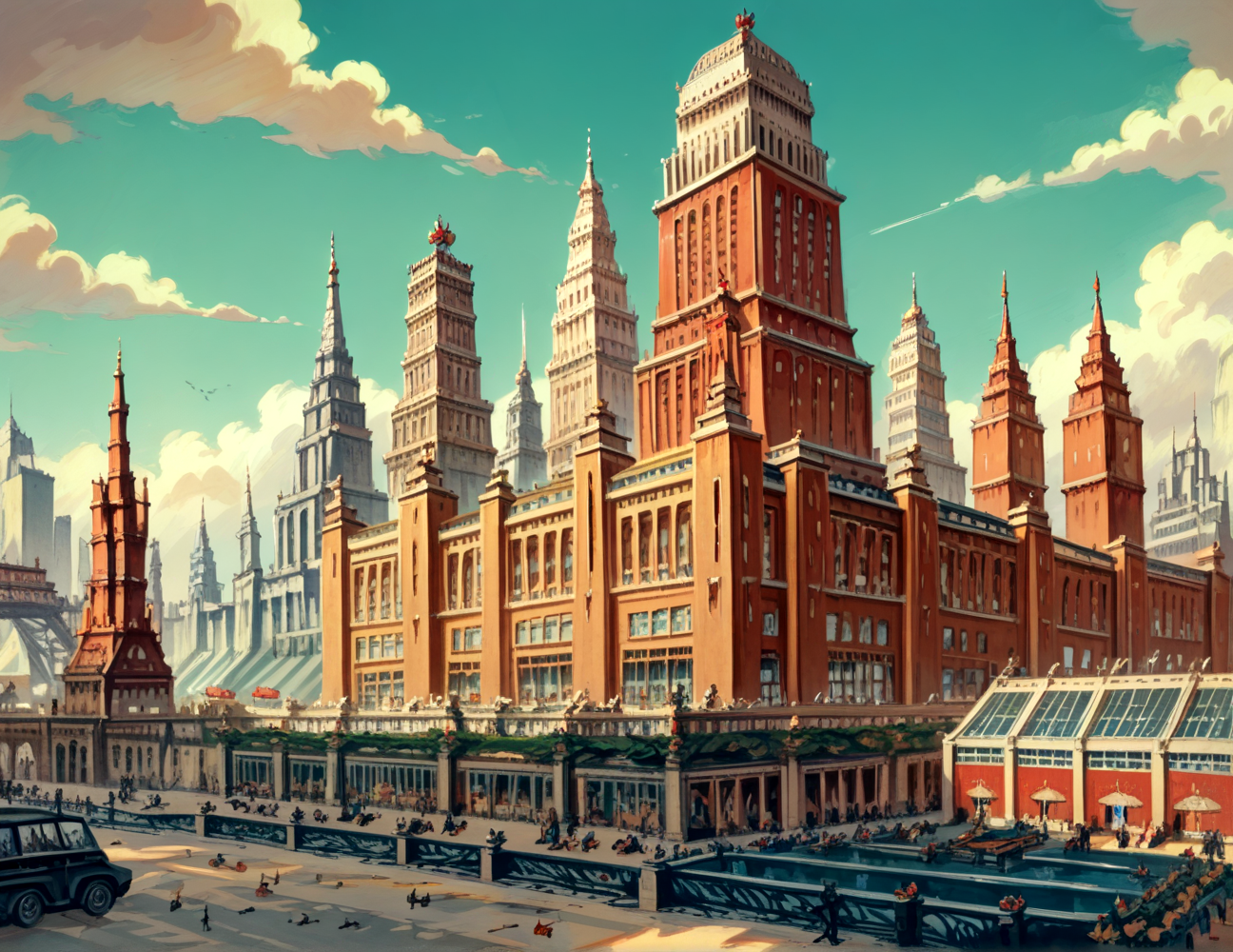 score_9, score_8_up, score_7_up,
<lora:Soviet_Gothic_(Architecture)_(Pony)_(AD):0.8> Soviet Gothic, monumental architecture, architecture, city, cityscape, scenery, building, skyscraper, 
8K, In'ei, chiaroscuro, rim lighting, perfect depth of field shot, beautiful, subsurface scattering, idealized city, wide beautiful boulevards, busy city center, parks and manicured lawn areas, large parks, plazas, detailed fluffy anime clouds, skyscrapers, made out of limestone, gothic style, photographic realism, soft lighting, soft shading,  art by Thomas Kinkade, Soviet, Communist, 
BREAK zPDXL, zPDXLxxx, <lora:wowifierXL:0.2> art by mooncryptowow <lora:sdxl_lightning_8step_lora:0.4> <lora:detailed_notrigger:0.5>  <lora:Soviet-poster (2):0.35> soviet poster <lora:SovietPunkAI:0.35> sovietpunkai <lora:sovietxlv1:0.35>