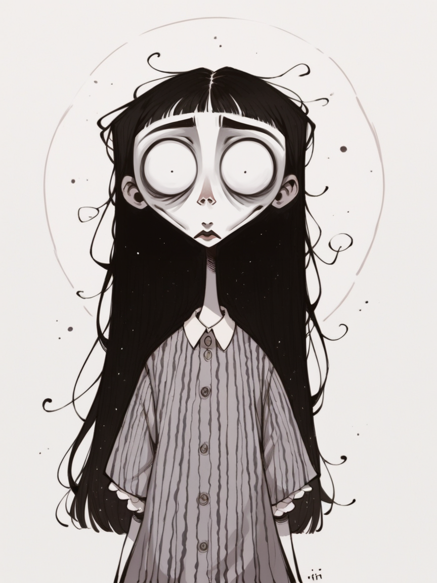 score_9, score_8_up, score_7_up, score_6_up, score_5_up,   <lora:TimBurtonXLP:1> tim burton,, horror (theme), wide-eyed, 1girl, long hair