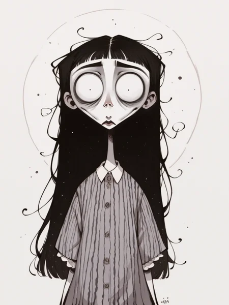 score_9, score_8_up, score_7_up, score_6_up, score_5_up,   <lora:TimBurtonXLP:1> tim burton,, horror (theme), wide-eyed, 1girl, long hair