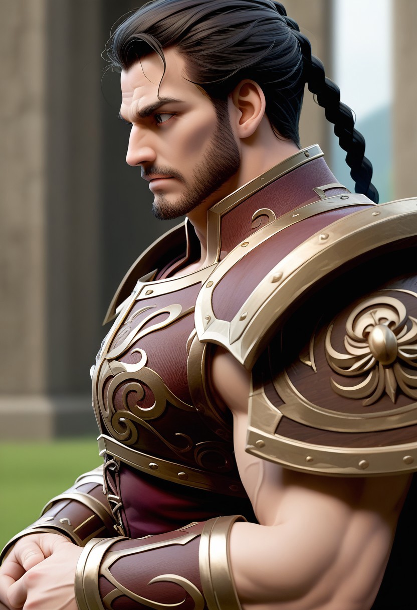 score_9, score_8_up, score_7_up, score_6_up, 1boy, male, muscular, (view from side:2), Ullai, the towering and powerful cleric of Ao, stands with an aura of cosmic might, his piercing sapphire eyes radiating divine authority. His black hair, styled militarily, and a neatly trimmed beard complement his imposing presence. Draped in a pristine white tunic adorned with a blue stole, the sacred colors of Ao, he wears a gleaming silver full-plate armor engraved with intricate Viking-style designs. His large, round shield bears the Auryn symbol, shining with divine protection. Surrounding him is a swirling, ethereal aura of blue and white, channeling the justice and healing powers of Ao. In his hand, he wields a massive radiant mace, glowing with a holy brilliance, ready to crush evil under its weight. Ullai embodies the divine might of his god, a beacon of justice and healing on the battlefield