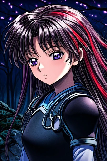 masterpiece, best quality 1girl Setsun4 solo long hair, (night time) forest background black hair very long hair purple eyes multicolored hair armor (fur trim) (medium body),<lora:EMS-179-EMS:0.800000>,<lora:EMS-293862-EMS:0.800000>