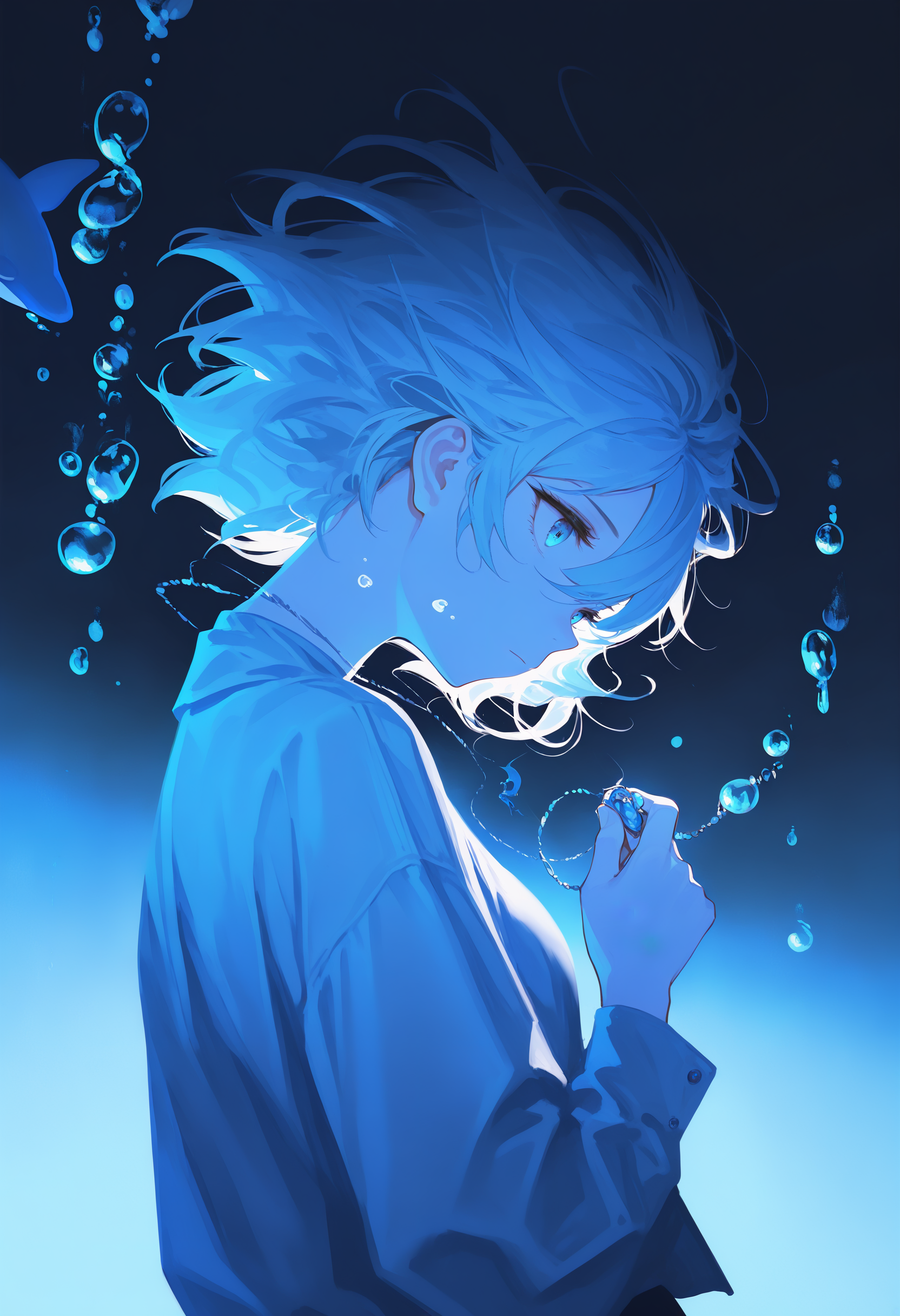 masterpiece, best quality, Good quality, very aesthetic, absurdres, newest, 1girl, air bubble, blue eyes, blue theme, bubble, closed mouth, from side, gradient background, hair between eyes, holding, holding jewelry, holding necklace, jacket, jewelry, long sleeves, necklace, orca, short hair, solo, shadowy lighting, cinematic atmosphere,Back Lighting <lora:ponyv4_noob1_2_adamW-000017:0.7> <lora:USNR_STYLE_XL_lokr:1> <lora:Lofi_style:0.3>