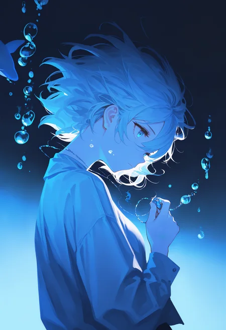 masterpiece, best quality, Good quality, very aesthetic, absurdres, newest, 1girl, air bubble, blue eyes, blue theme, bubble, closed mouth, from side, gradient background, hair between eyes, holding, holding jewelry, holding necklace, jacket, jewelry, long sleeves, necklace, orca, short hair, solo, shadowy lighting, cinematic atmosphere,Back Lighting <lora:ponyv4_noob1_2_adamW-000017:0.7> <lora:USNR_STYLE_XL_lokr:1> <lora:Lofi_style:0.3>