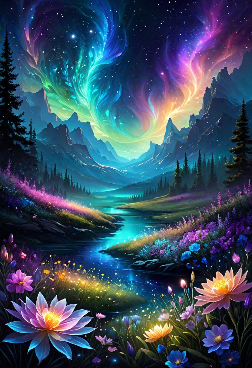 In a mesmerizing digital painting, A lare space and below there is a meadow and flowers   emerges, radiating vibrant bioluminescent hues against the dark expanse of space. Its otherworldly form is a symphony of iridescent colors, with scales that shimmer like precious gems and intricate patterns that seem to dance with life. Luminescent tendrils extend from its body, illuminating its surroundings with an ethereal glow. showcasing its celestial beauty in stunning high-definition.