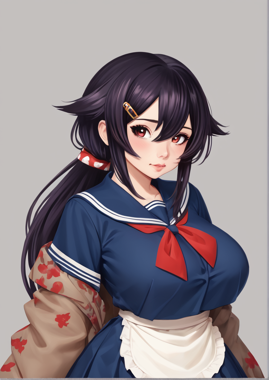 1girl, jingei (kancolle), huge breast, apron, bandana, black hair, blue serafuku, blue skirt, breasts, brown shawl, dated, hair flaps, hair ornament, hairclip, headgear, long hair, low ponytail, neckerchief, pleated skirt, polka dot, red eyes, sailor collar, school uniform, serafuku, shawl, skirt, solo, upper body, waist apron, white apron, <lora:koiaemi:1>