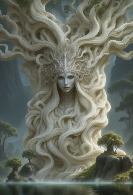 A surreal portrait of a tree goddess emerging from an ancient monolith of twisted roots and gnarled branches. Her face has high cheekbones, smooth porcelain-like skin with a soft glow, and pale, half-lidded eyes. Her long lashes and delicately arched eyebrows frame her serene expression.
Her hair seamlessly transitions into the white birch tree itself, forming a complex crown of white, intertwining branches that stretch upward. The branches have a polished, bone-like texture, curling and twisting into organic patterns. Her body is partially wrapped in bark-like tendrils that spiral around her torso, forming an intricate natural gown that blends into her surroundings.
Below her, a massive, weathered white birch tree trunk extends downward, with thick, gnarled roots twisting into the mist-covered ground. Small, bonsai-like trees sprout from rocky outcroppings embedded within the root system, their tiny leaves adding contrast against the pale landscape.
A dense mist blankets the lower part of the scene, partially obscuring the roots and drifting through the air. In the background, enormous ancient trees with skeletal branches rise through the fog, their silhouettes fading into the distance. The entire image is enveloped in a muted, desaturated color palette of soft whites, cool grays, and subtle earthy greens.
The composition presents her as seamlessly integrated with the massive tree, appearing both as a living figure and an extension of the forest itself.