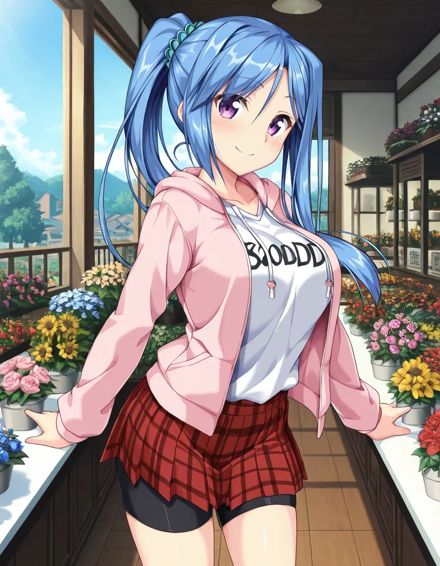 Ririela Churack (human),purple eyes,blue hair,long hair,ponytail,hair scrunchie,pink hoodie,white shirt,red plaid skirt,bike shorts,flower shop,indoor,sky,day,
looking at viewer,
medium large breasts,
explicit,hair between eyes,(bold:3.12),thick outline,black outline,harsh lines,soft lines,deluster,boldline,curvy,slim,
smile,
soft brightness,perfect face,perfect nose, perfect hair, perfect eyes,perfect female body,perfect skin,a face of perfect proportion,perfect lighting,perfect anatomy,perfect proportion,perfect hands,perfect legs,perfect fingers,masterpiece,super fine illustration,best quality,very aesthetic,absurdres,16k,intricate detail,amazing quality,detailed linework,vibrant colors,kawaii,flat color,
<lora:ãããã¨ãªãªã¨ã©ãã¥ã¼ã©ãã¯illustriousErectRiriela_Churackillustrious-000019:1:0.8>