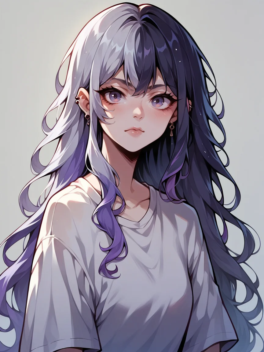 score_9, score_8_up, score_7_up, score_6_up, score_5_up, <lora:spl1th41rXLP:1> spl1th41r, two tone hair, 1girl, long hair, purple grey hair