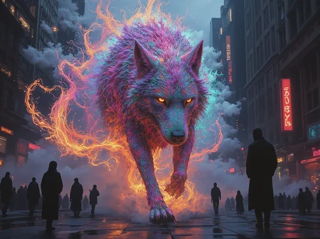 In the heart of Metropolis, where steel and concrete reign supreme, a wild wolf emerges from the shadows. Its fur is a mesmerizing whirlwind of colors, swirling with an otherworldly energy. As if drawn by an unseen force, the wolf's body begins to blur and distort, releasing a maelstrom of ink-like particles that swirl around it. In the midst of this chaos, the cityscape dissolves into a 3D point cloud, its towering skyscrapers and bustling streets reduced to a kaleidoscope of geometric shapes. The air is filled with vibrant, shimmering, <lora:Flux_Turbo_Alpha.safetensors:1.0> <lora:epic-midj.safetensors:0.7> ethereal fantasy, soft, glowing light effects <lora:aidmaImageUprader-FLUX-v0.3.safetensors:0.4> aidmaimageupgrader