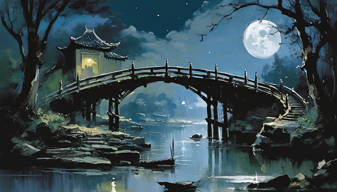 <lora:[XL]The_moonlight_over_the_lotus_pond:0.6>The broken bridge in the moonlight,moon light