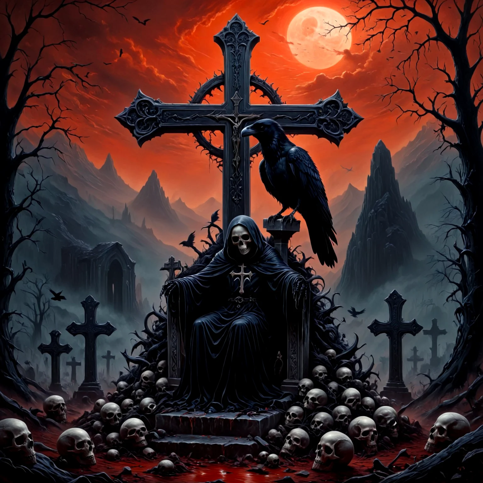 (masterpiece, best quality: 1.2),ultra detailed,(dynamic pose: 1.2),very aesthetic,absurdres,surrealism, art house,4K,intricate details,volumetric light,volumetric shadows,(soft lighting: 1.3),midjourneyv6.1,*Channel_42*,oil painting,An epitaph for humanity,a tombstone with a cross,a huge cross,a mountain of human skulls,a raven sitting on a cross,a dead world,a withered world,dark atmosphere,Red sky,blood,The Grim Reaper in the background