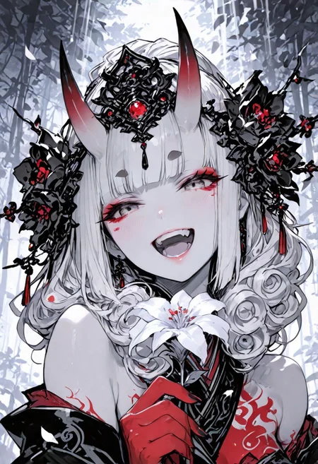 masterpiece, best quality, Good quality, very aesthetic, absurdres, newest,1girl, light rays, looking at viewer, solo,
Cinematic Lighting, gradient color, gorgeous girl
BREAK
masterpiece, amazing quality, best quality, ultra-detailed, 8K, illustration, CG, ultra-detailed-eyes, detailed background, cute girl, eyelashes, erotic, love, petals falling,
BREAK
(sexy, slutty, hot, aroused),
Aka-Oni, oni, colored skin, red skin, smooth horns, black horns
BREAK
smile, open mouth, curly hair, holding, flower, horns, teeth, makeup, hime cut, portrait, gem, close-up, eyeshadow, short eyebrows, holding flower, headpiece, eyeliner, skin-covered horns, limited palette,