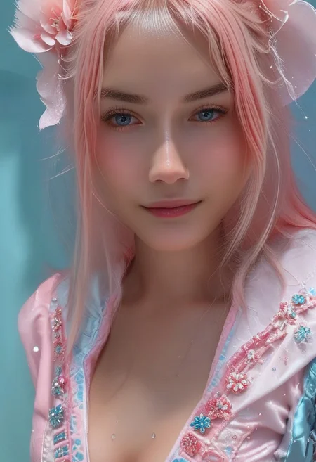 score_9, score_8_up, score_7_up, score_6_up, 1girl, female, solo,  femenine, petite, lean, pale skin, smile, sexy dress, pink hair, bangs, large breasts, female focus, close up, standing,  abstract beauty, beautiful, centered, looking at the camera, dynamic sexy pose, moonlight, highly detailed, portrait