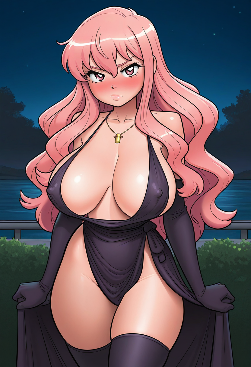masterpiece, best quality,
 <lora:jab:1> J0t44b, 1girl, solo, standing, looking at viewer, blush, louise francoise le blanc de la valliere, pink hair, huge breasts, cocktail dress, revealing clothes, cleavage, collarbone, necklace, elbow gloves, thighhighs, covered nipples, outdoors, night,