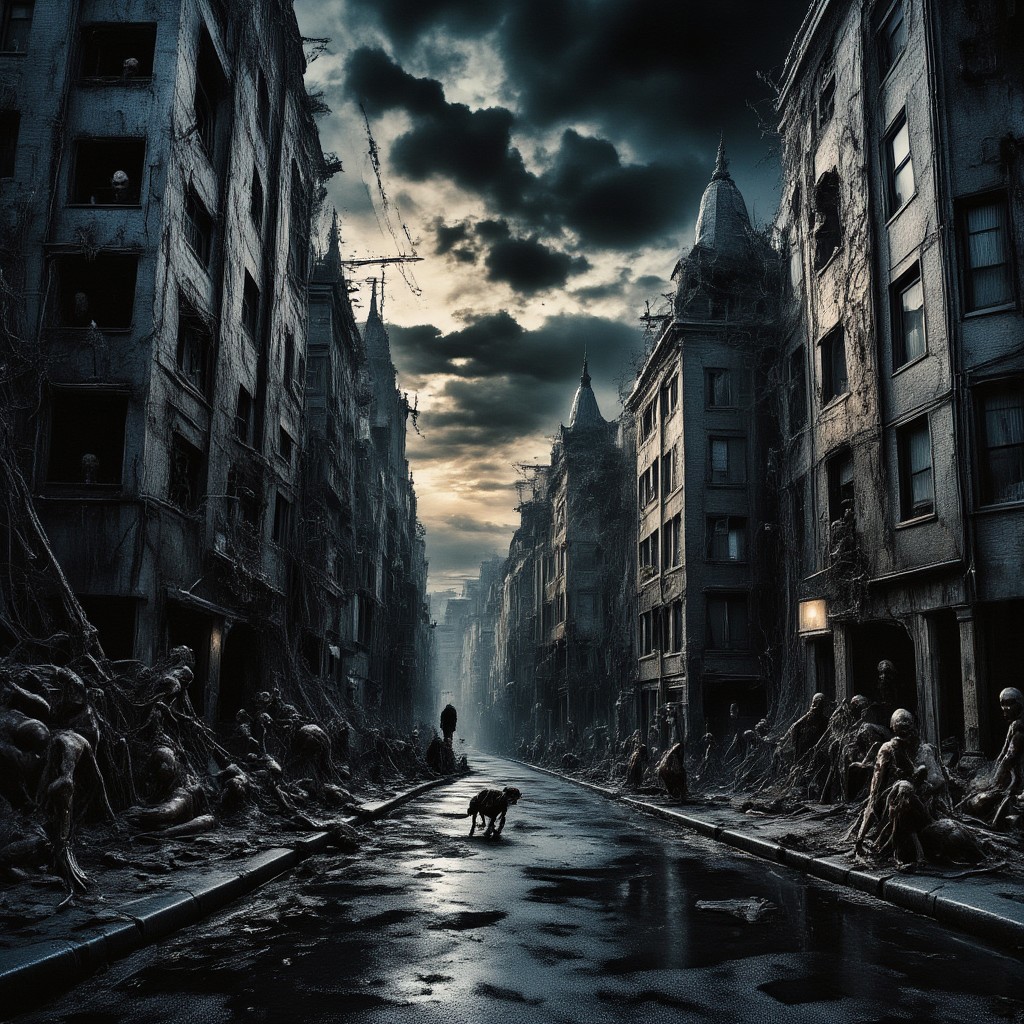 high quality, 8K Ultra HD, This artwork envisions a metropolis where elements of nightmarish surrealism converge into a scary, gore, horror scene, (zombies roaming around town:1.5), Escher's influence is subtly incorporated, transforming the city into an intricate, mind-bending spectacle, Stark contrasts between light and dark enhance the dreamlike quality of the scene, creating an unsettling yet captivating urban horrific dreamscape, photorealistic, ultra realistic