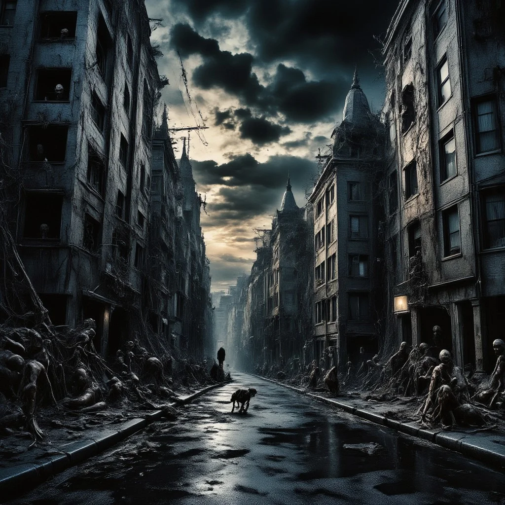 high quality, 8K Ultra HD, This artwork envisions a metropolis where elements of nightmarish surrealism converge into a scary, gore, horror scene, (zombies roaming around town:1.5), Escher's influence is subtly incorporated, transforming the city into an intricate, mind-bending spectacle, Stark contrasts between light and dark enhance the dreamlike quality of the scene, creating an unsettling yet captivating urban horrific dreamscape, photorealistic, ultra realistic