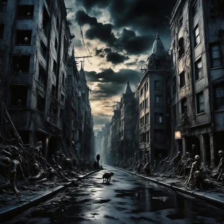 high quality, 8K Ultra HD, This artwork envisions a metropolis where elements of nightmarish surrealism converge into a scary, gore, horror scene, (zombies roaming around town:1.5), Escher's influence is subtly incorporated, transforming the city into an intricate, mind-bending spectacle, Stark contrasts between light and dark enhance the dreamlike quality of the scene, creating an unsettling yet captivating urban horrific dreamscape, photorealistic, ultra realistic
