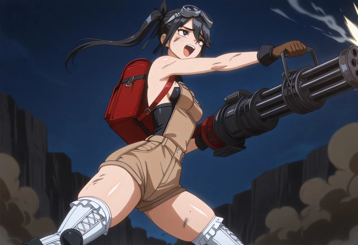 anime screencap, masterpiece, expressiveh, anime coloring, 
score_9, score_8_up, score_7_up, score_6_up,
1girl, solo, tiny breasts, shiny skin, narrow waist, thick thighs, wide hips, perfect body, fit body, cute face, cute eyes,( marie_rose_incise_soul:1.5)
(black hair:1.5), short hair, tomboy hair
(brown overall shorts:1.5), white thigh high stockings, brown boots, brown leather gloves, black tinted welding goggles over her eyes, black crop top, toolbelt, artificer, magic backpack
smiling, looking off screen, laughing,
face smeared with grease, dirty face, 
dynamic pose, action pose, gatling gun, holding gatling gun, [:smoke, firing:0.3], <lora:GatlingGun_pdxl_Incrs_v1:1>, standing
skindentation, fantasy background, outdoors, viewed from below
<lora:Expressive_H:1>