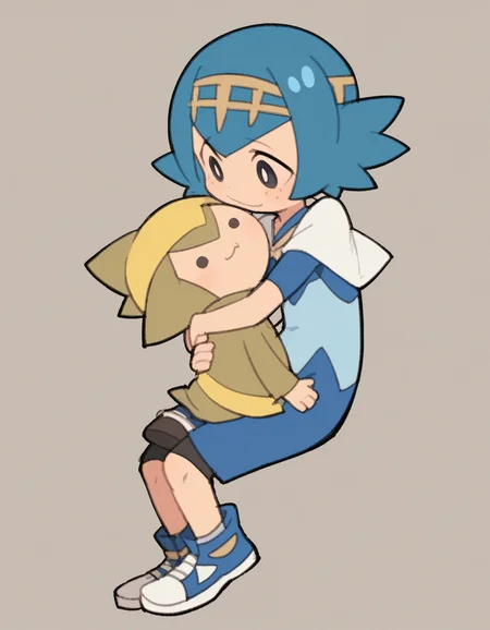 zPDXL, score_9, score_8_up, score_7_up, source_anime, flat color, sketch,
1girl, solo, :\3, (upright straddle), Pokemon, Lana, little girl, child, flat chest, blue hair, short hair, luchador wearing a luchador mask featuring animal themes, blue bodysuit with decorative details, trunks, high-top sneakers, decorated cape with Mayan motifs, knee pads,
<lora:TemmieChang_ver2:1> tmchng, chibi, black eyes