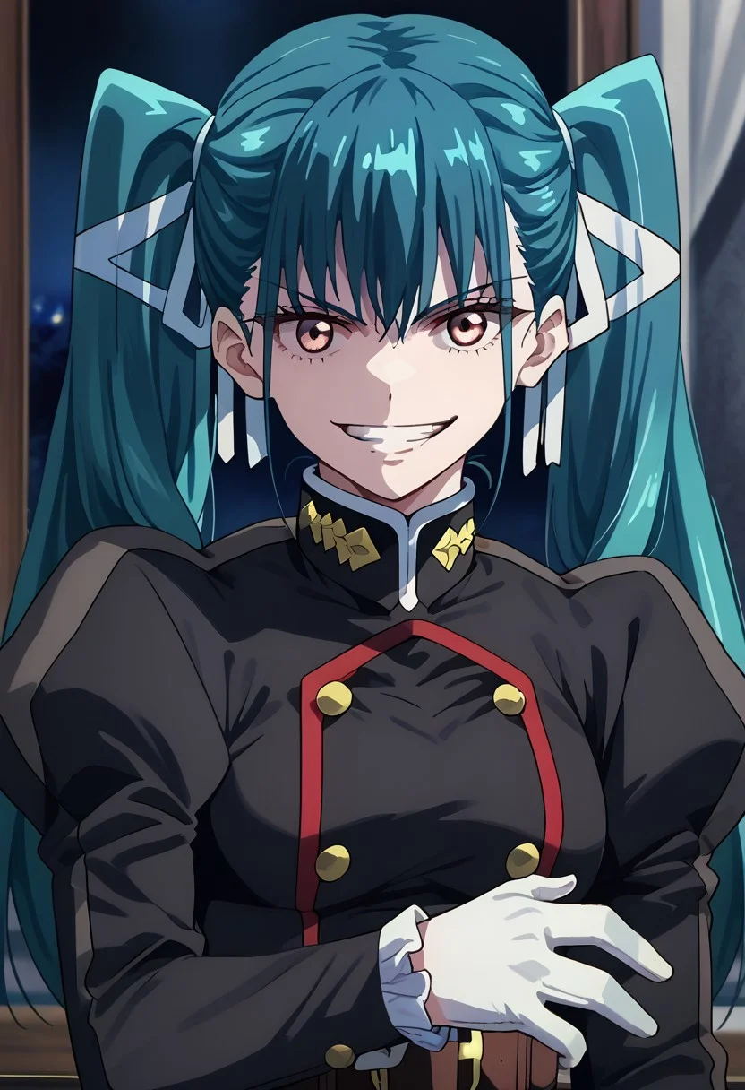 score_9,score_8_up,score_7_up,source_anime,YACHIHO_AZUMA,1girl,solo,looking at viewer,smile,bangs,gloves,long sleeves,ribbon,twintails,blue hair,hair ribbon,upper body,white gloves,grin,uniform,shiny hair,military,aqua hair,military uniform,chain,white ribbon,