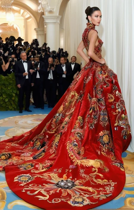 masterpiece,best quality,<lora:tbh361-sdxl:0.6>,illustration,style of Stefano Gabbana, Opulent Versace red carpet gown, dramatic train, crystal embellishments, celebrity event