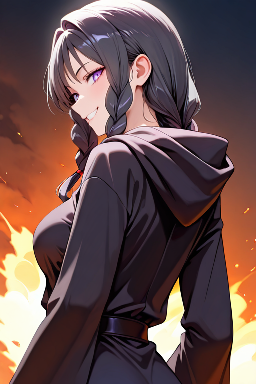 masterpiece, High quality, Ultra detailed, 2d, newest, absurdres, highres, BREAK
1girl, solo, <lora:saki_kiriya:0.8>, saki_kiriya, long hair, twin braids, braid, black hair, purple eyes,  
medium breasts, sakind, long sleeves, black robe, hooded robe, evil smile, from behind, upper body,