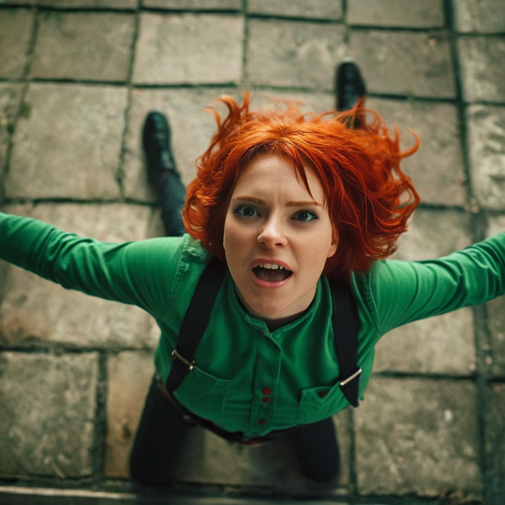 cinematic film still of  <lora:perfection style:0.5> <lora:detailed:0.5> perfection detailed
 <lora:Clockwork Orange film style:0.9>
High angle from above, In a futuristic dystopian Britain a woman with red hair and a green shirt,1girl,solo,short hair,open mouth,shirt,long sleeves,upper body,red hair,teeth,outstretched arms,green shirt,horror (theme) , cinematic, film, kodak, Clockwork Orange film style, shallow depth of field, vignette, highly detailed, high budget, bokeh, cinemascope, moody, epic, gorgeous, film grain, grainy
