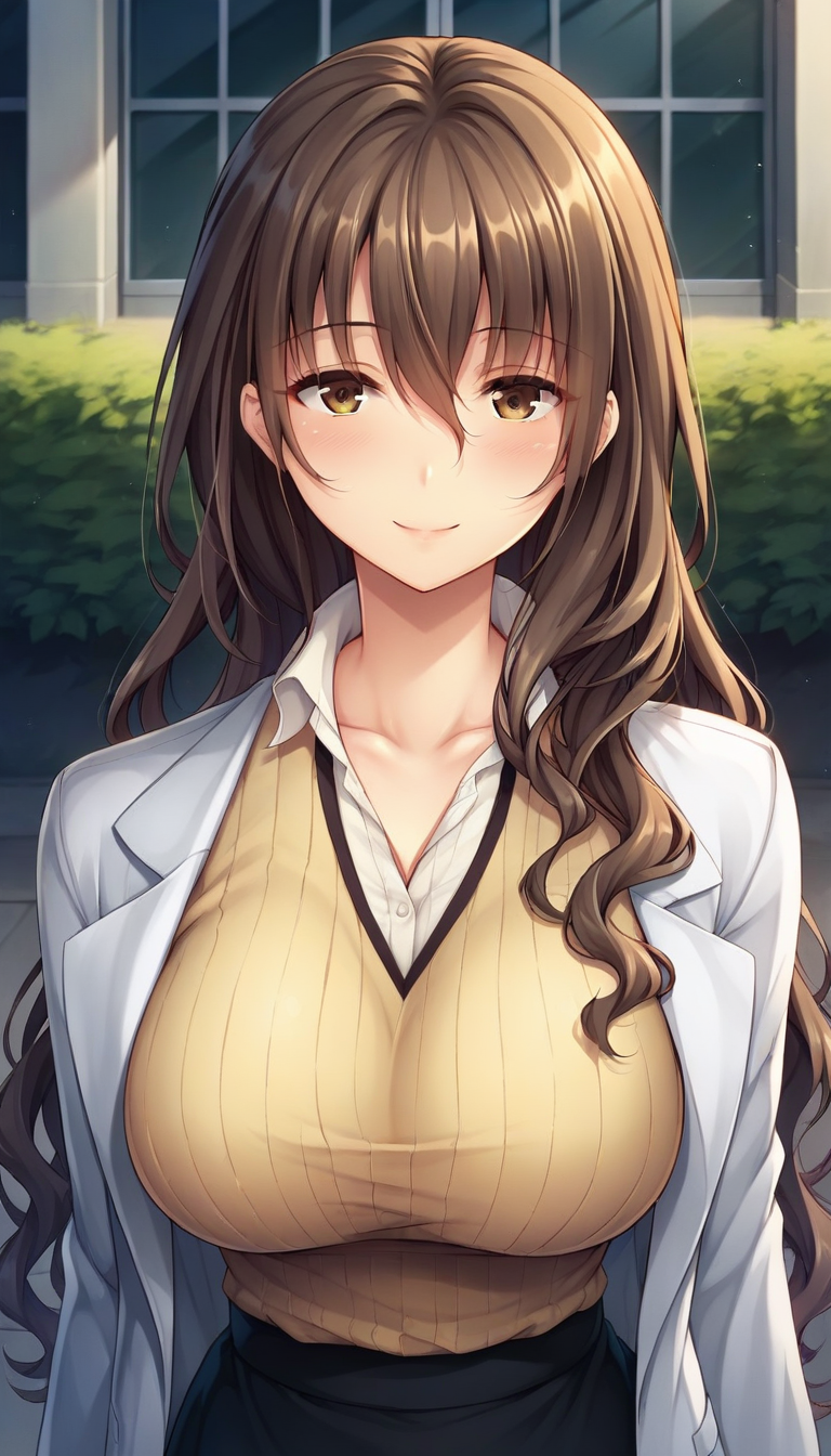 score_9,score_8_up,score_7_up,score_6_up BREAK official art,solo,outdoors,upper body,(portrait:1.5),looking at viewer,facing viewer,smile,blush,Makiura Sayaka,very long hair,brown hair,shiny hair,wavy hair,hair over shoulder,sidelocks,hair between eyes,bangs,brown eyes,collarbone,labcoat,white coat,yellow sweater,ribbed sweater,v-neck,collared shirt,white shirt,dress shirt,long sleeves,large breasts,long skirt,black skirt,black pantyhose,high heels,mary janes,black footwear,<lora:Makiura Sayaka(zasoo)-Pony:1.2>,
