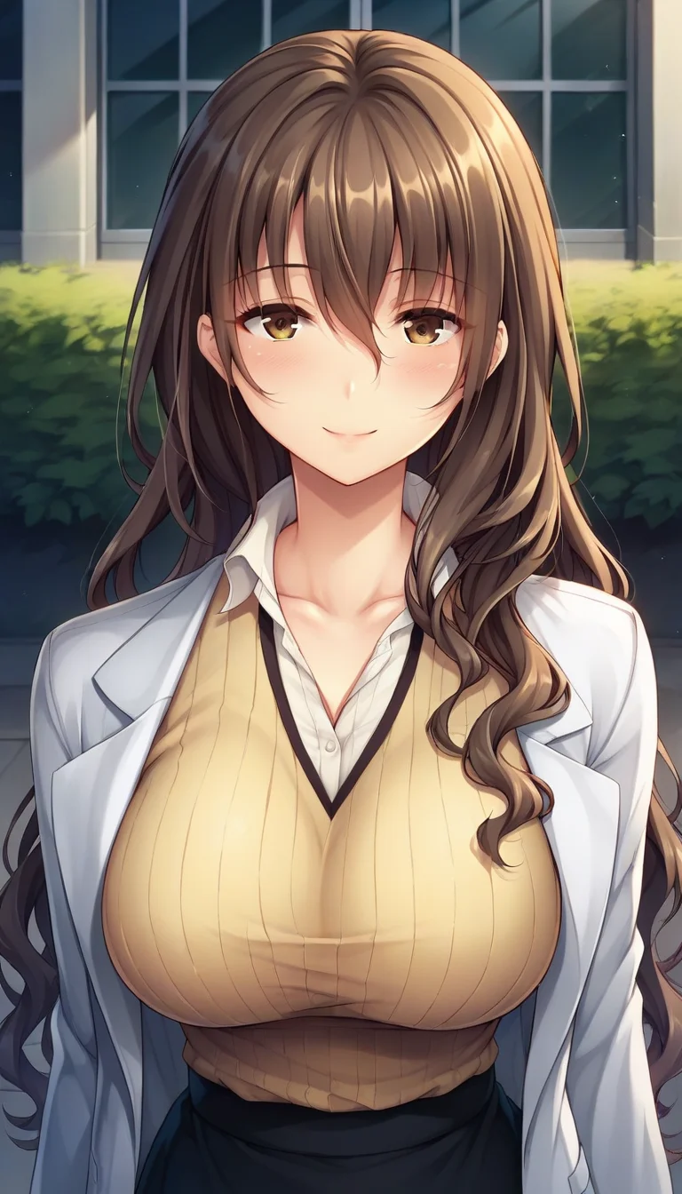 score_9,score_8_up,score_7_up,score_6_up BREAK official art,solo,outdoors,upper body,(portrait:1.5),looking at viewer,facing viewer,smile,blush,Makiura Sayaka,very long hair,brown hair,shiny hair,wavy hair,hair over shoulder,sidelocks,hair between eyes,bangs,brown eyes,collarbone,labcoat,white coat,yellow sweater,ribbed sweater,v-neck,collared shirt,white shirt,dress shirt,long sleeves,large breasts,long skirt,black skirt,black pantyhose,high heels,mary janes,black footwear,<lora:Makiura Sayaka(zasoo)-Pony:1.2>,