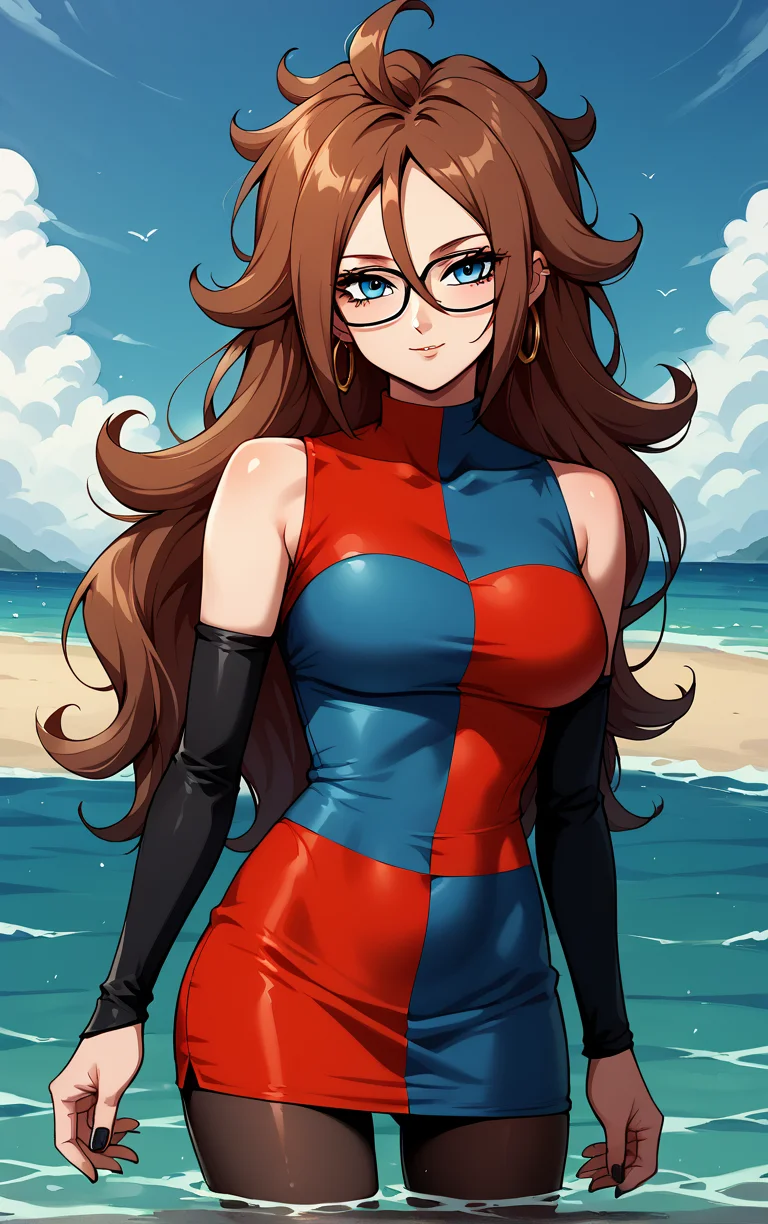 score_9, score_8_up, score_7_up, BREAK
HumanForm_Dress_Android21_ownwaifu, android 21, 
1girl, big hair, blue eyes, brown hair, curly hair, glasses, hoop earrings, jewelry, long hair, spiked hair, hair between eyes, medium breasts, nail polish, black nails, black-framed eyewear, messy hair,
checkered dress, black sleeves, black pantyhose, short dress, blue dress, red dress, bare shoulders, detached sleeves, turtleneck dress, sleeveless dress,  impossible clothes, elbow gloves, taut clothes, collarbone, 
(wading, beach), head tilt, sidelighting, ocean, sky, water, caustics, cowboy shot, <lora:PONYXL_Android21_DragonBall_ownwaifu:0.8> , depth of field, solo,