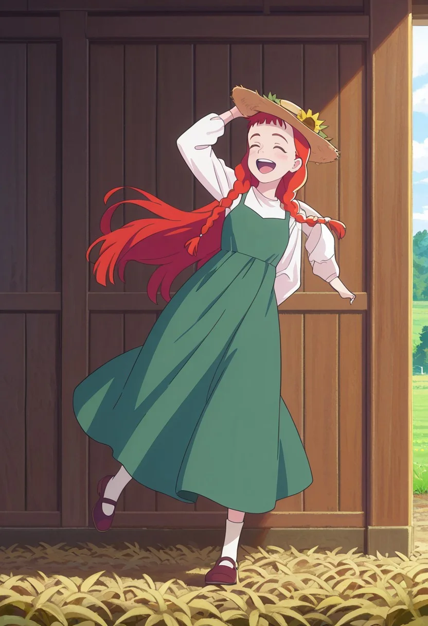Anne Shirley <lora:Anne_Shirley_-_Anne_Shirley_-_illustrious:0.8>
smiling, dancing, laughing, hand on hat
Long dress, Green dress, long sleeves, White blouse, straw hat, sunflower on hat, long socks, pretty shoes
On top off a hill, sunlight beams, barns on the background, cristalline lake, puffy clouds